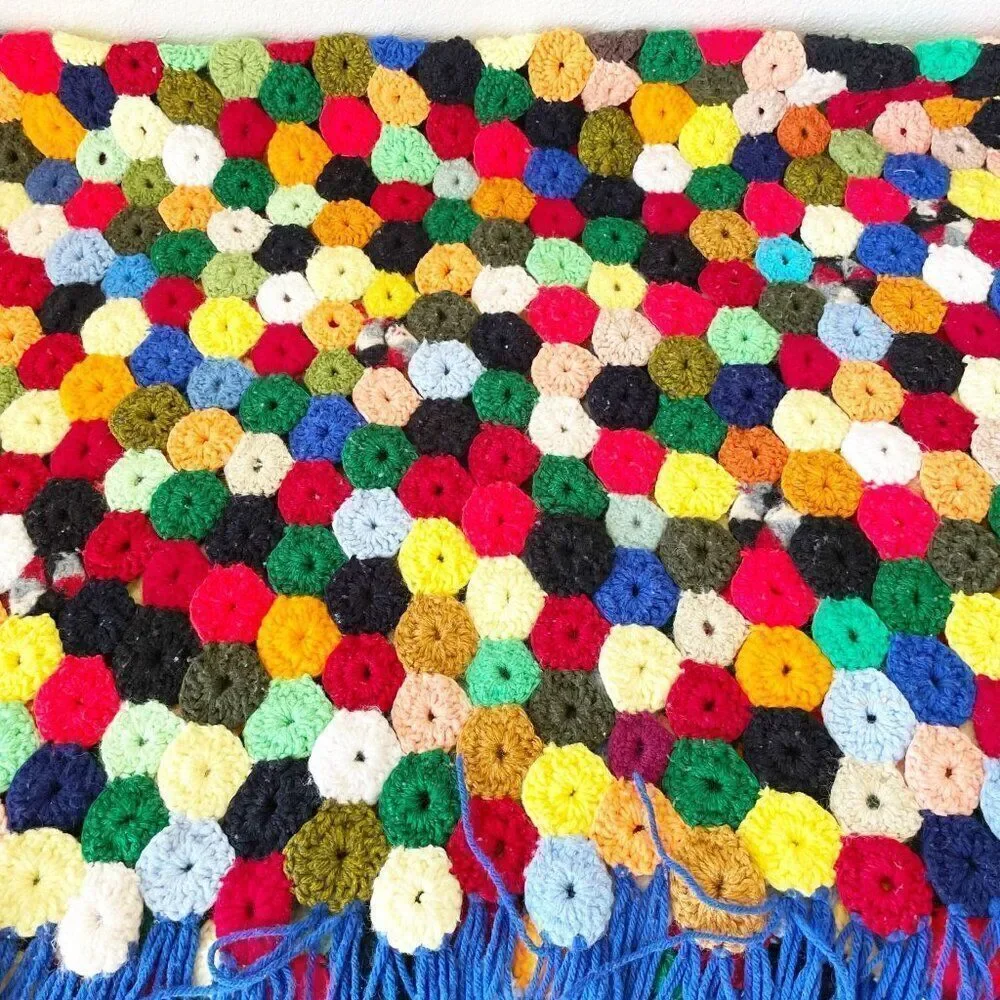 Vintage Afghan Blanket 55 x 36.5 Yo-Yo Puff Fringe Rainbow Colored Crochet Throw